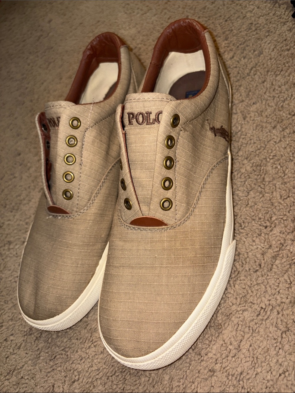 Polo Ralph Lauren Vito Slip on Sneaker Tan Canvas Brown Pony men’s size 10.5